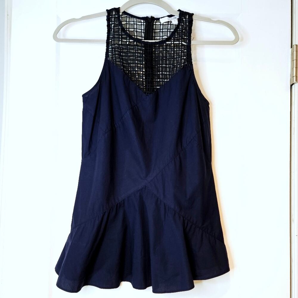Derek Lam 10 Crosby Navy Lattice Neck Flare Hem Top Sheer Yoke Size 0